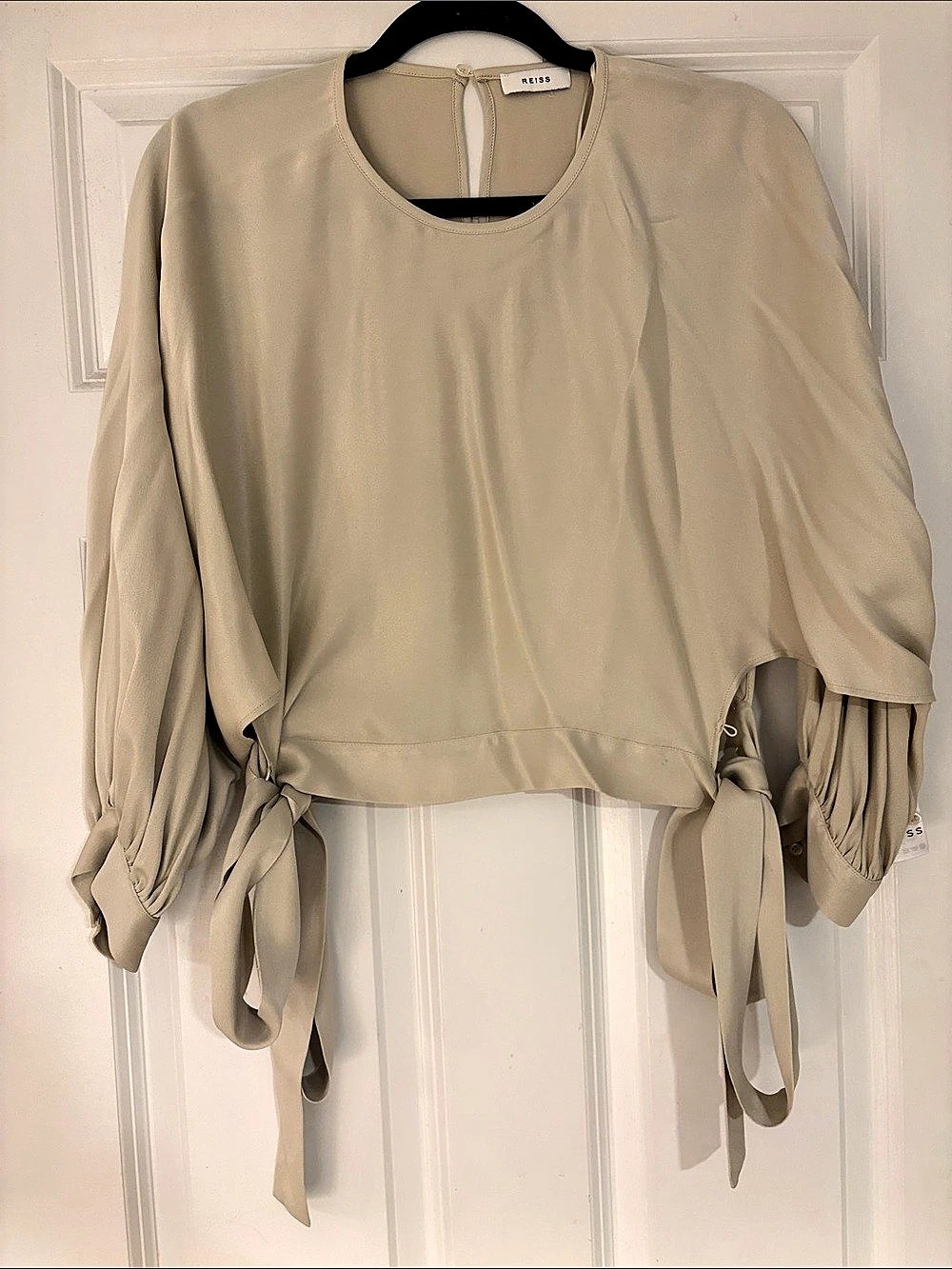 Reiss Tie Detail Long Sleeve Blouse in Beige